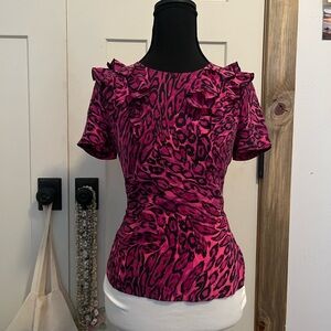 Pink Juicy Couture Ruffled Leopard Print Women's Top Sz 2 Button Back Detail